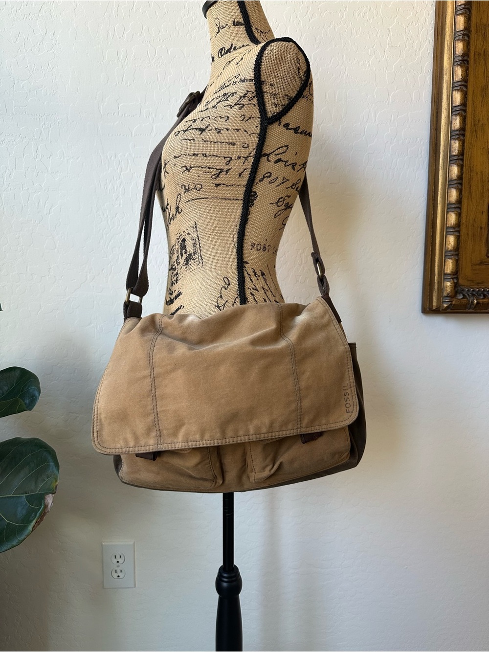 Fossil Brown/Tan Canvas Messenger Bag with Adjustable Strap